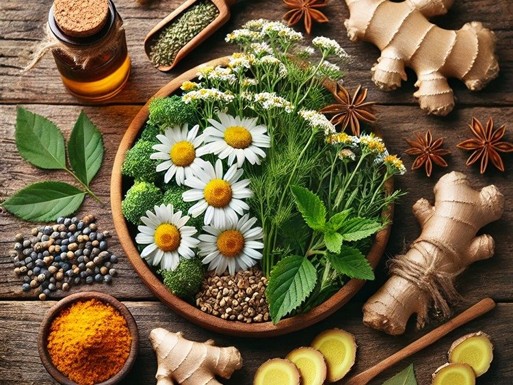 Chamomile, ginger, and turmeric herbs on a table, illustrating natural remedies for everyday health."