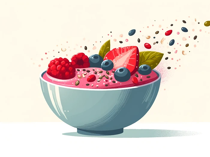 smoothie bowl topped with mixed berries and seeds, healthy breakfast option