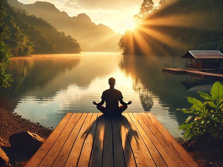 Person practicing meditation by a lake at sunrise