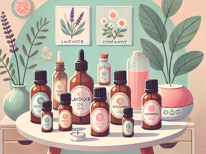 Essential oils for aromatherapy including lavender, bergamot, and chamomile