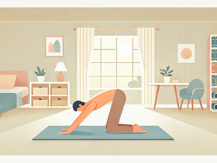 Beginner practicing Downward-Facing Dog pose indoors, calm setting for Yoga for Beginners guide