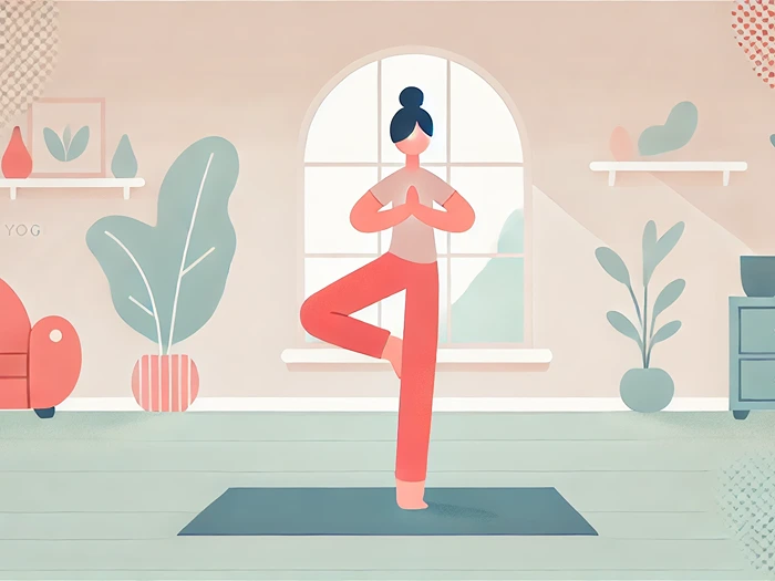 Beginner balancing in Tree Pose indoors, demonstrating focus and calm for Yoga for Beginners