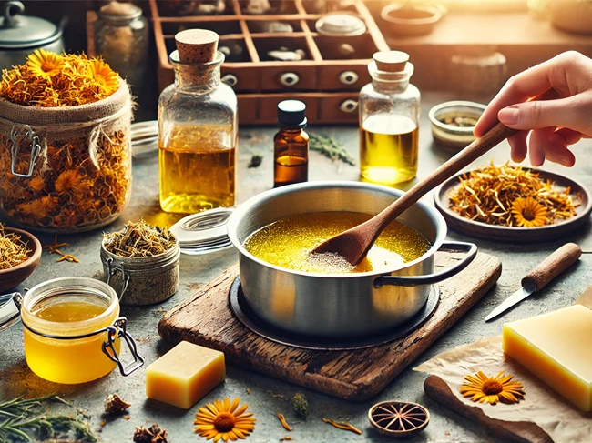 Stirring beeswax and Calendula-infused oil to make healing salve