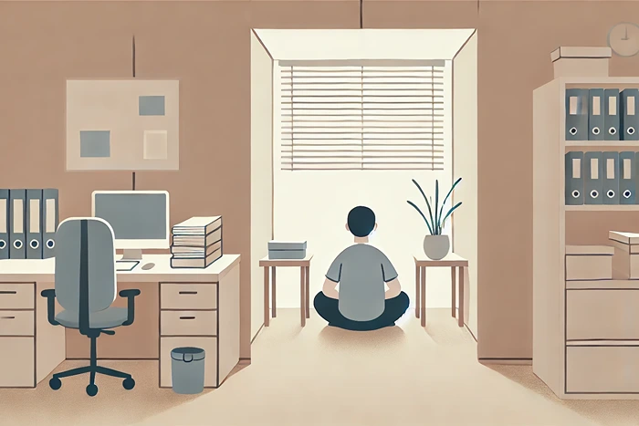 Person sitting quietly in an office corner practicing deep breathing for relaxation.