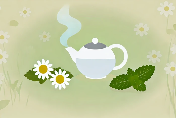 Teapot with chamomile flowers and peppermint leaves