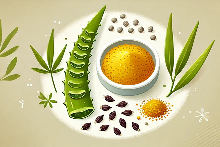 Aloe vera leaf, fennel seeds, and turmeric powder for IBS relief