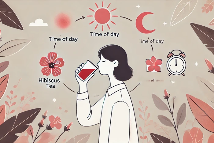 Person drinking hibiscus tea with day and night symbols in the background to represent daily consumption.