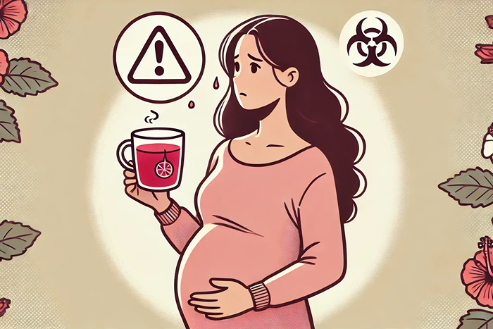 Concerned pregnant woman holding a cup of hibiscus tea with a caution symbol in the background.