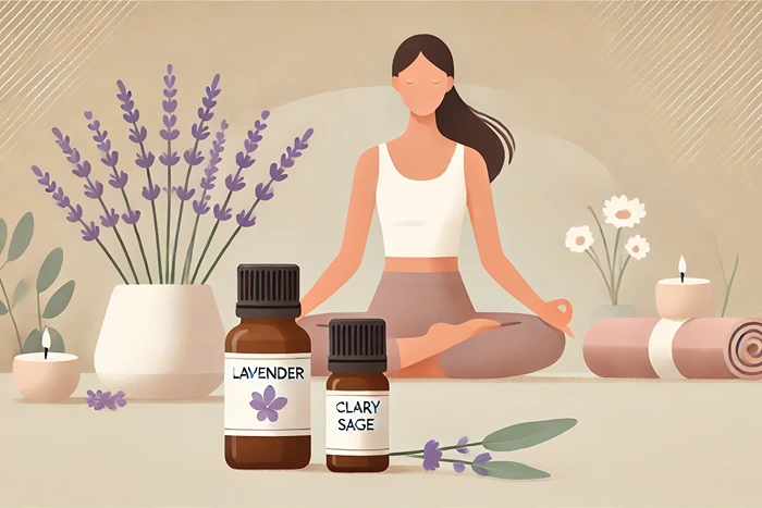 A woman meditating with lavender and clary sage oils for hormonal balance.