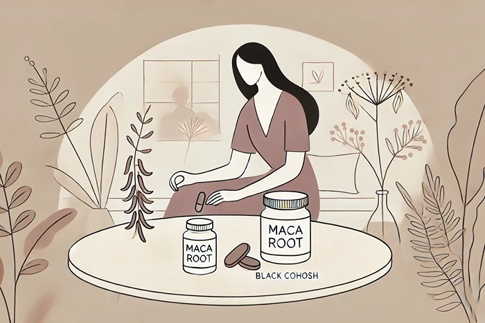 A woman taking herbal supplements like maca root and black cohosh for hormone balance