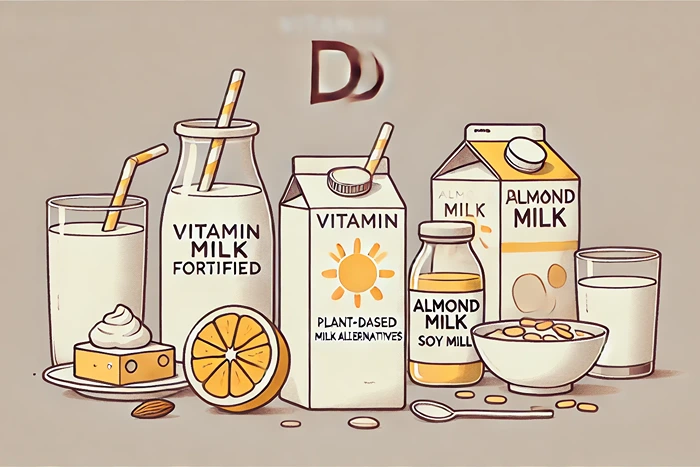  Vitamin D fortified foods, including milk, yogurt, plant-based milk, cereal, and orange juice.