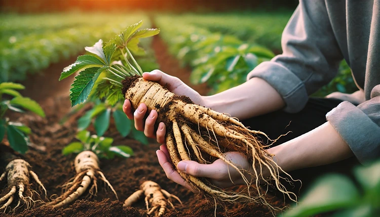 Freshly harvested Ginseng roots being held by hand.