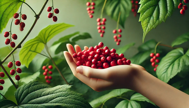 Hand holding fresh Schisandra berries in a green garden.