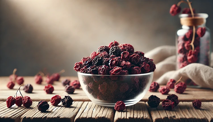 Dried Schisandra berries in a glass bowl on a wooden table