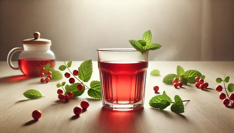 A glass of Schisandra berry tea with a sprig of mint